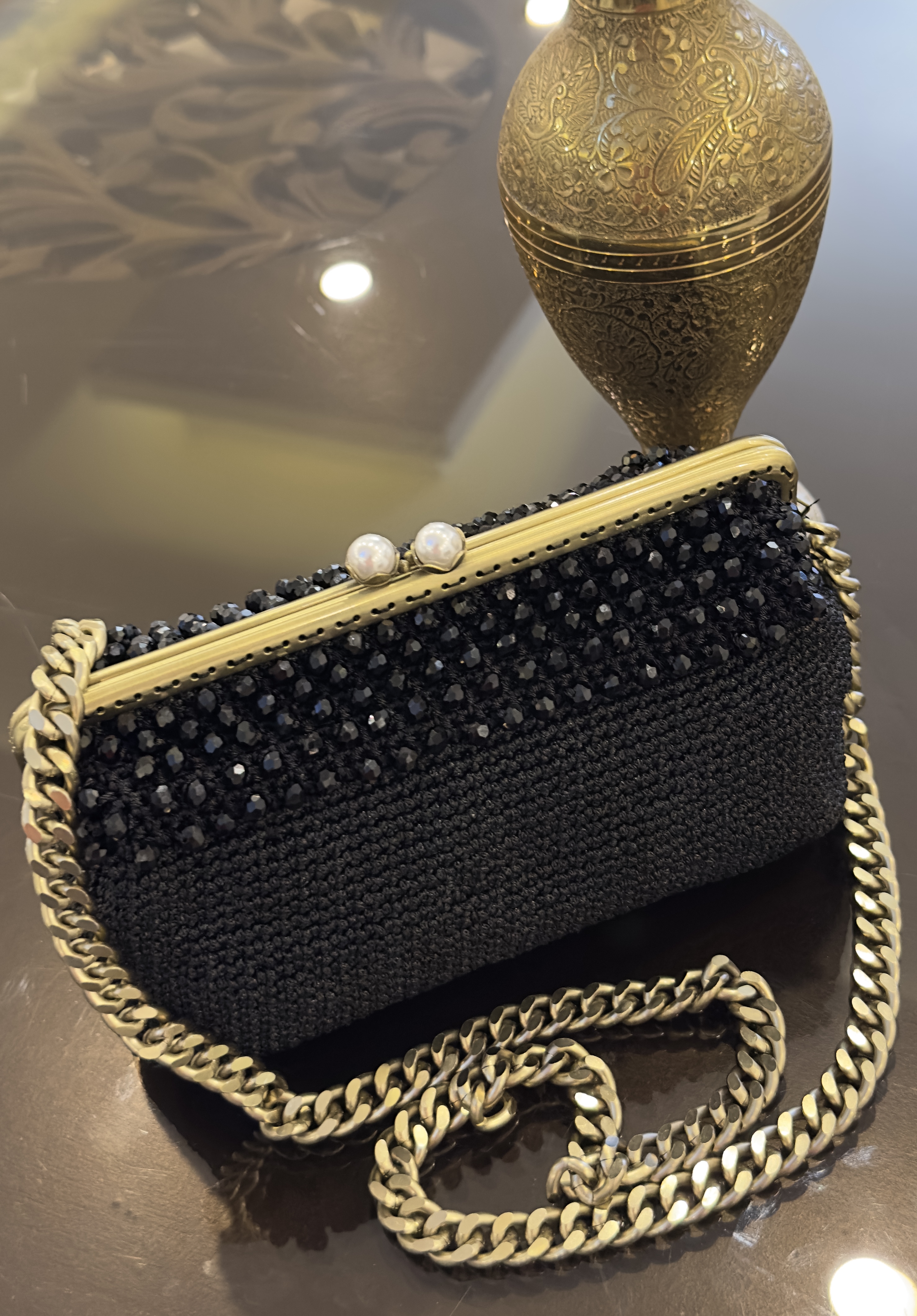 کیف کلاچ مشکی مجلسی مکرومه ابریشمی با کریستال بافی